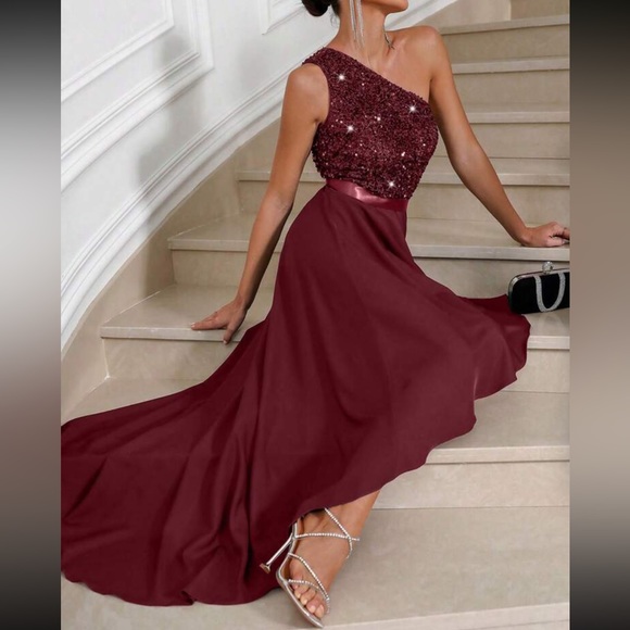 Luxe one shoulder asymmetrical hem satin sequins party dress - Picture 4 of 5